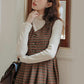 Fallen Leaves Plaid Pinafore Dress Set (Brown)