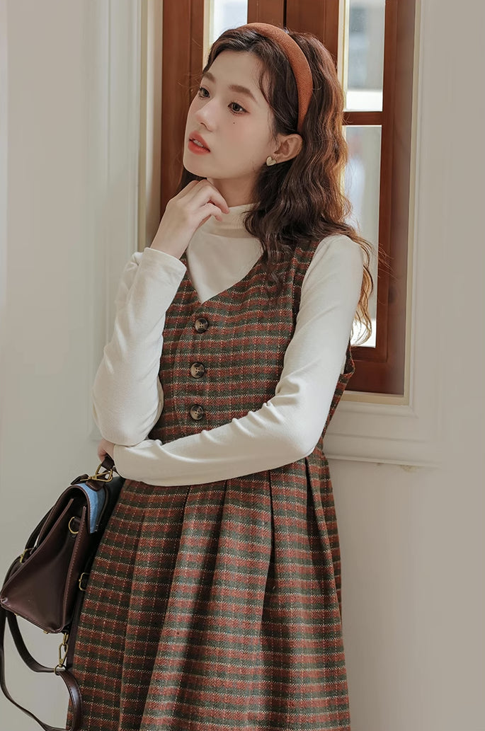 Fallen Leaves Plaid Pinafore Dress Set (Brown)