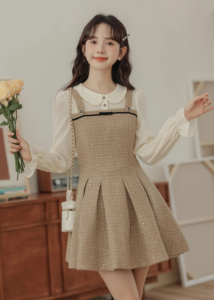 Latte Tweed Mini Twofer Dress (Khaki)