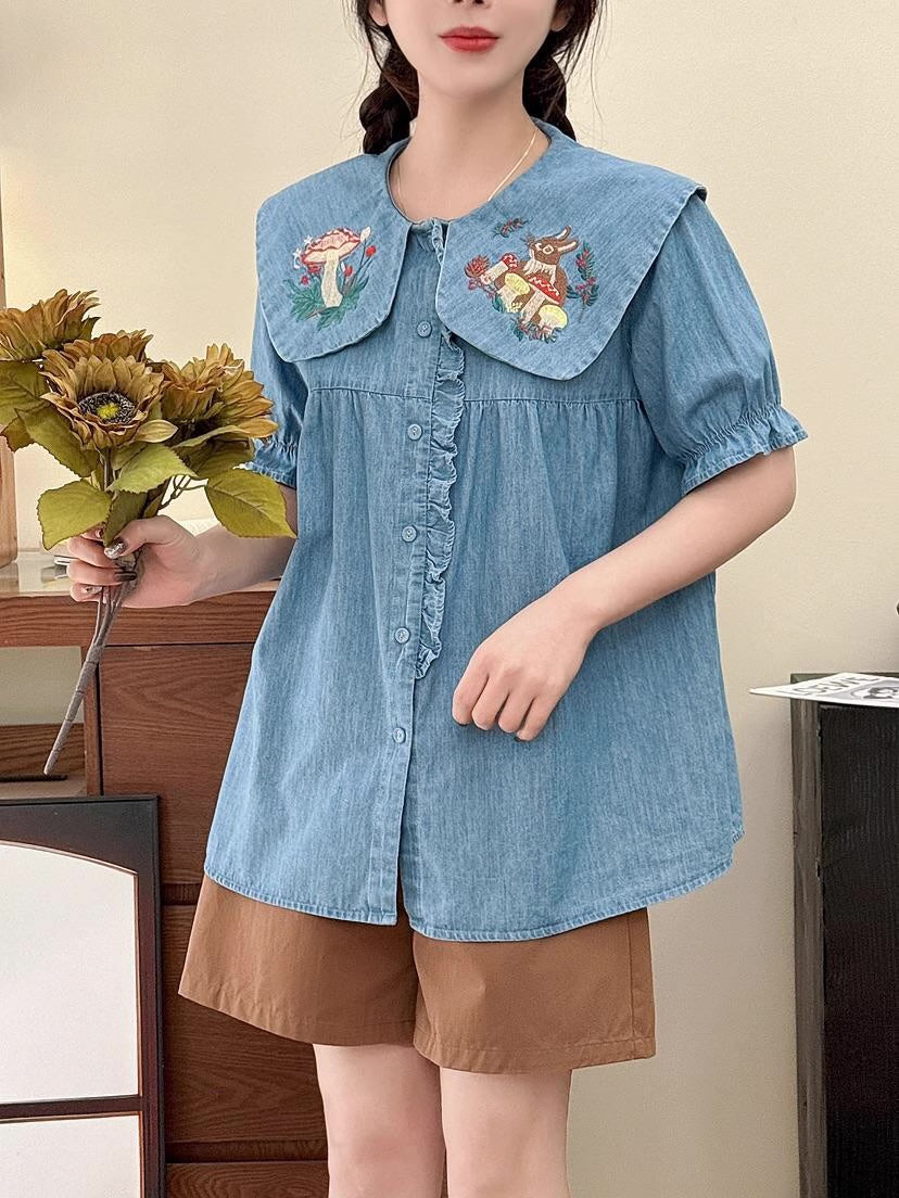 Mushroom Bunny Denim Blouse (2 Colors)