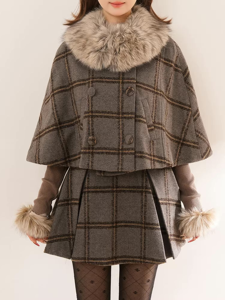 Library Plaid Capelet & Mini Skirt Set (Grey)