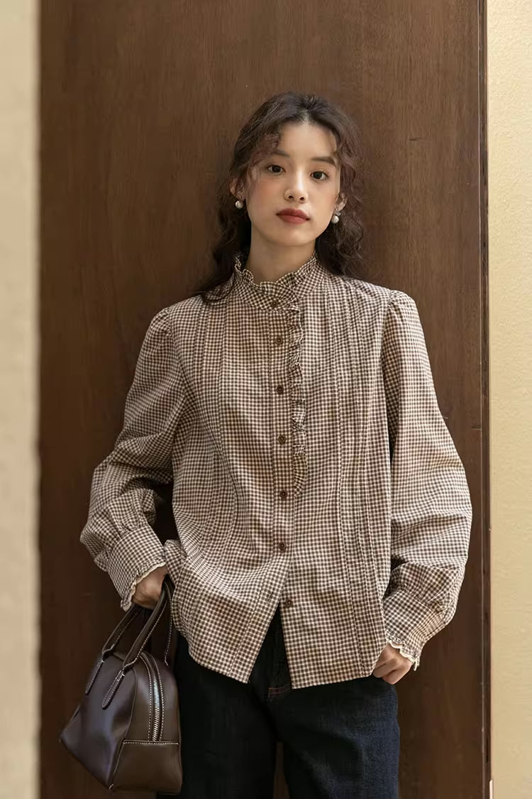 Gingham Plaid Ruffle Blouse (Coffee)