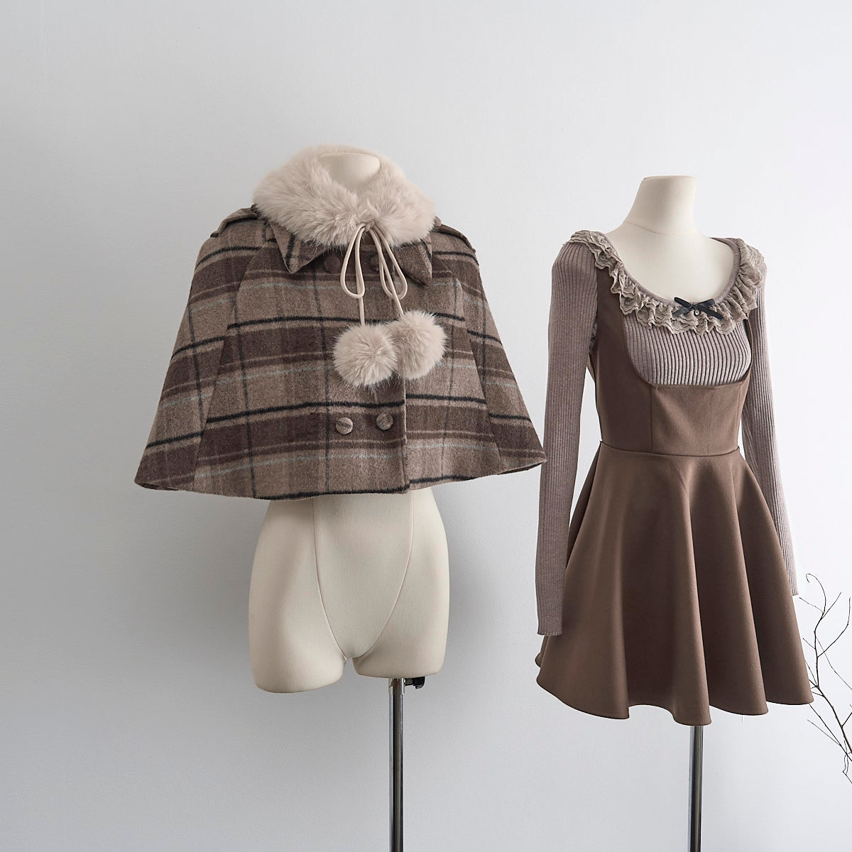 Mint Cocoa Plaid Capelet & Dress Set (Khaki)
