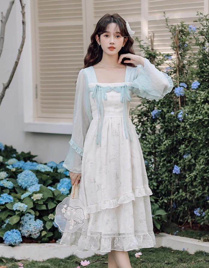 Sakura Hanfu Midi Dress (White/Blue)
