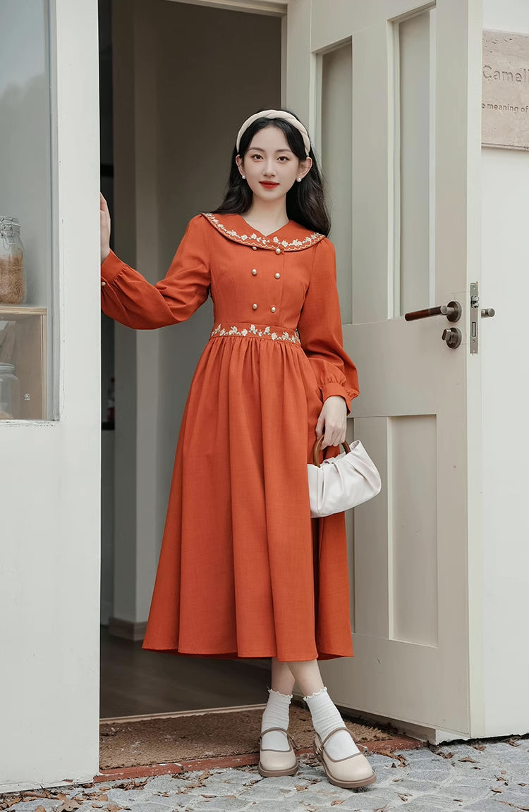 Autumn Floral Shawl Collar Midi Dress (Burnt Orange)