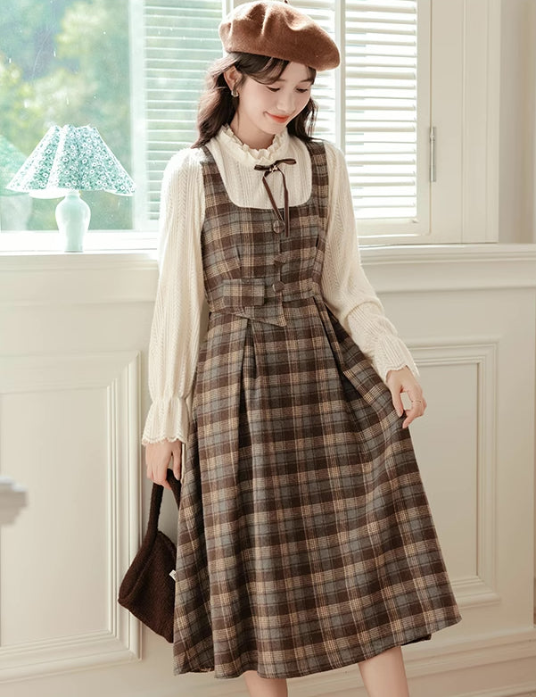 Mint Mocha Plaid Twofer Midi Dress (Khaki)