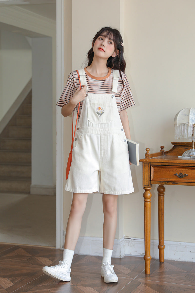 Flower Bouquet Short Overalls (White)