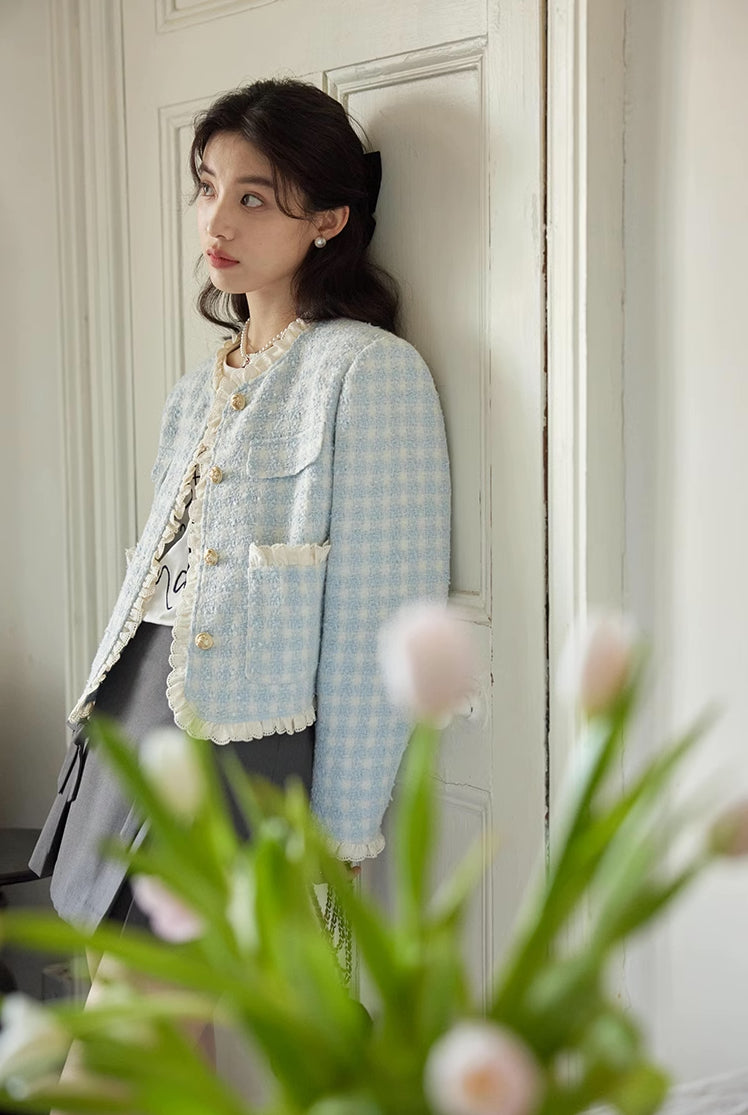 Gingham Lace Trim Tweed Jacket (Blue)