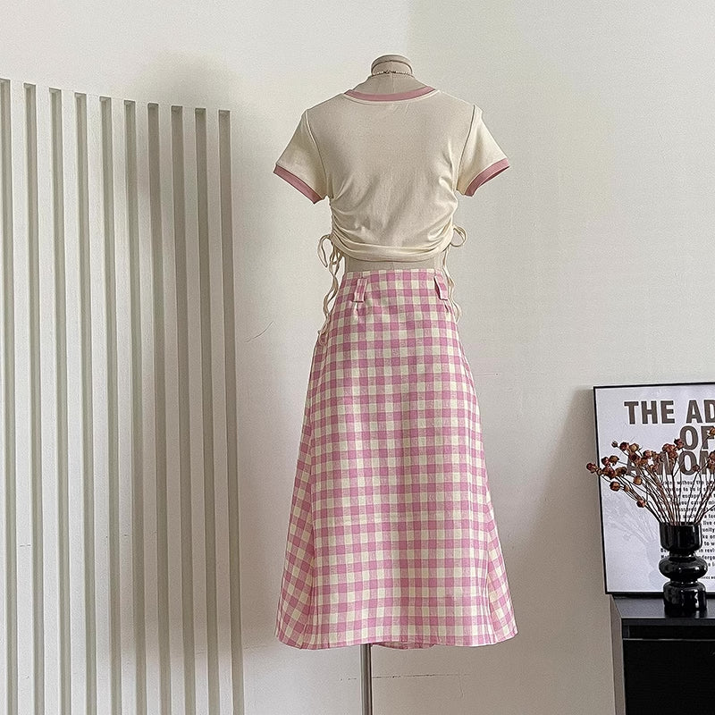 Gingham Pleated Midi Skirt (Pink)