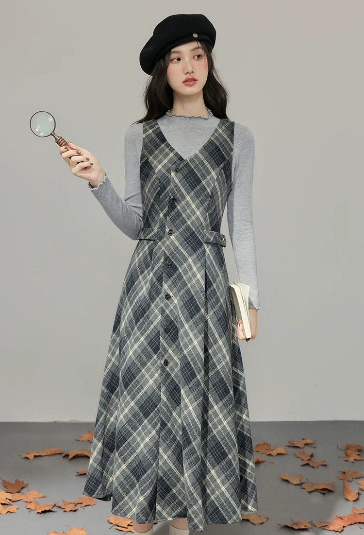 Midnight Plaid Pinafore Midi Dress (Grey)
