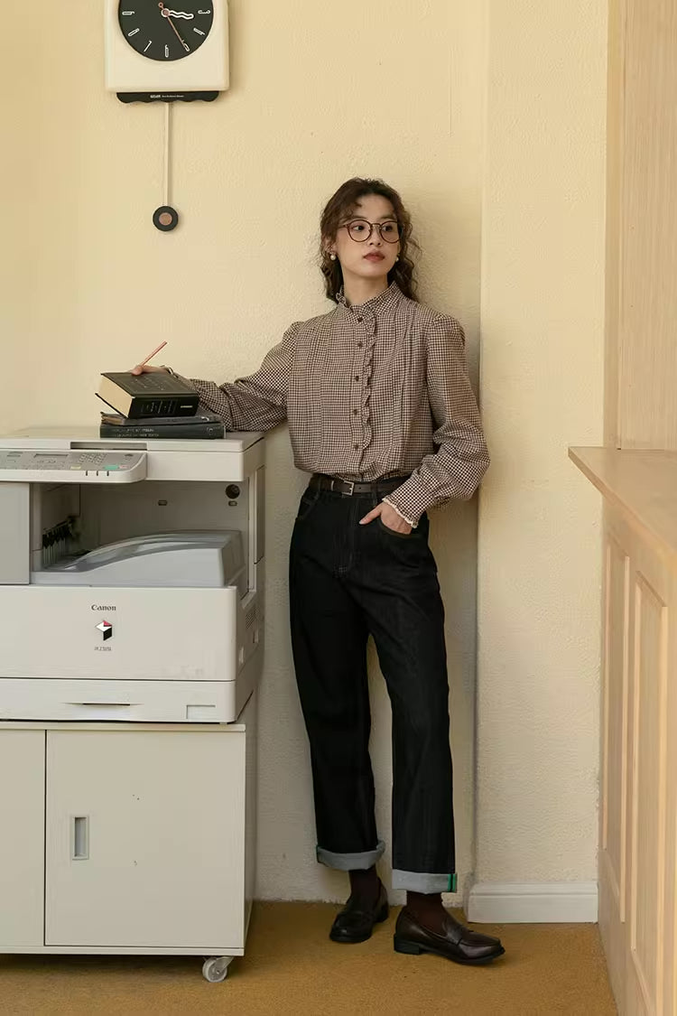 Gingham Plaid Ruffle Blouse (Coffee)