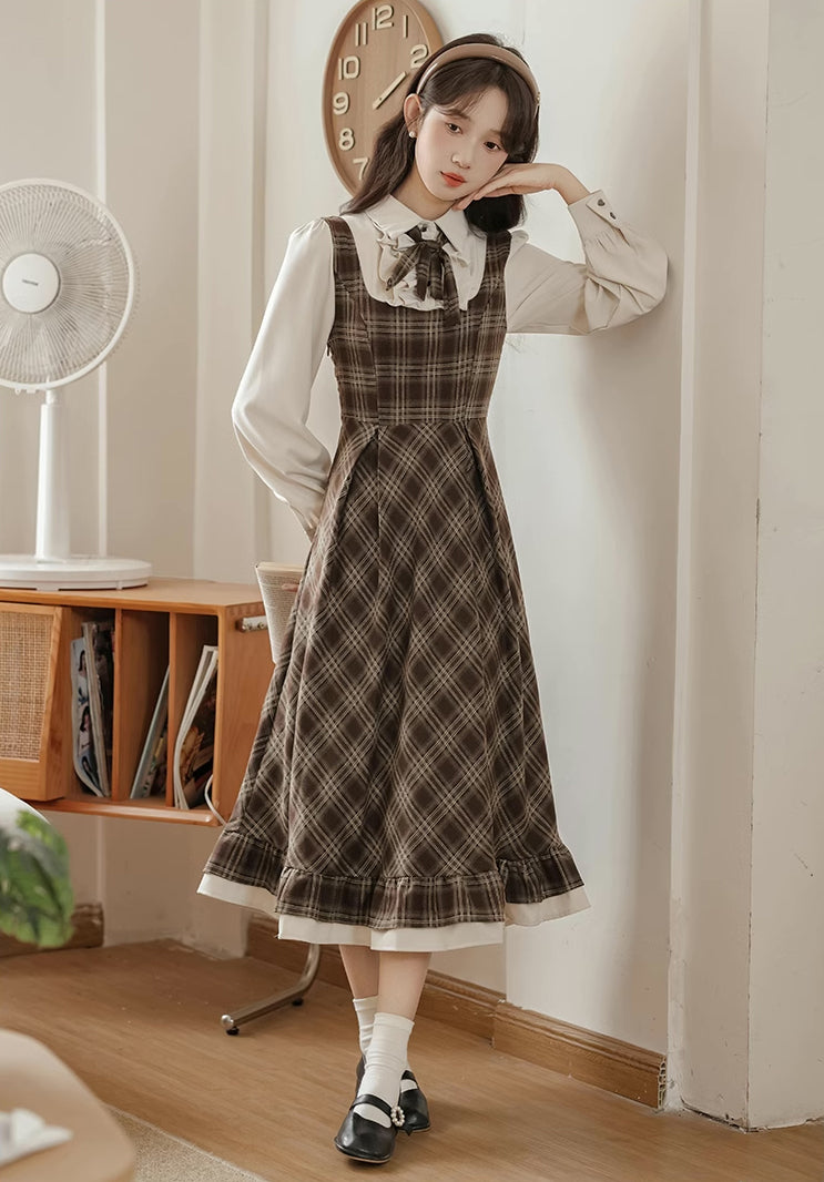 Hazel Plaid Twofer Midi Dress (Brown)