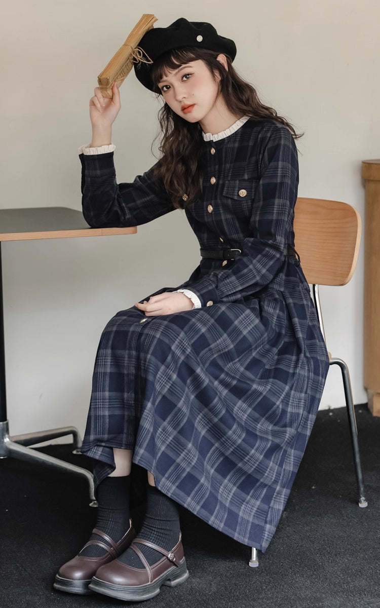 Academia Plaid Button Midi Dress (Navy)