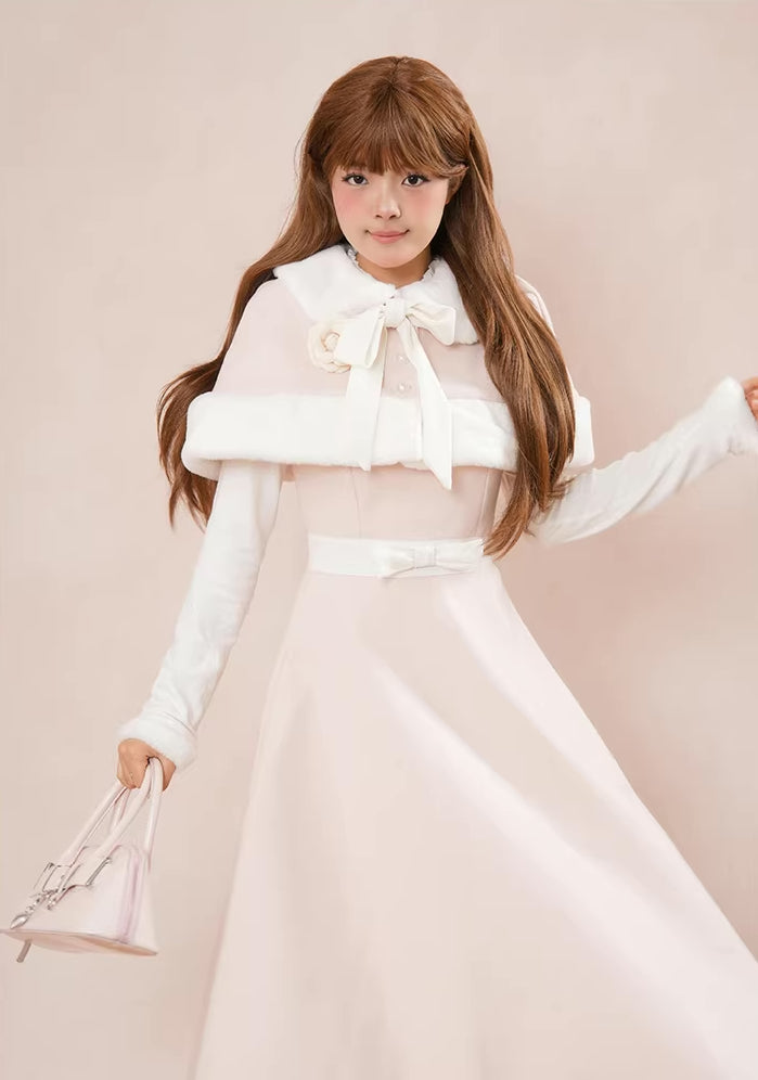 Cotton Candy Capelet & Midi Dress Set (Pink/White)
