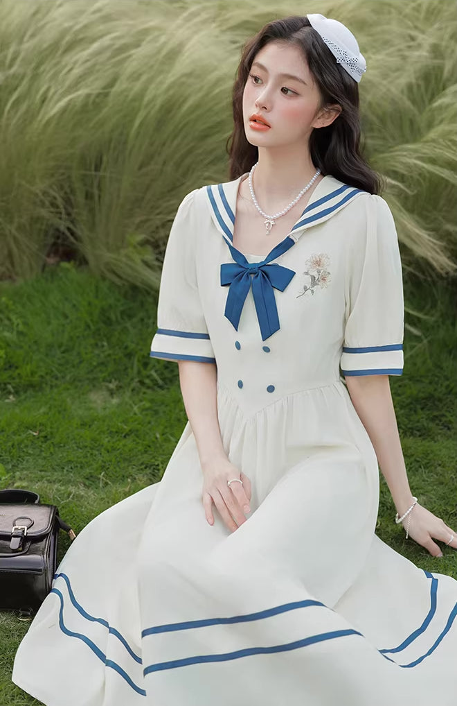 Sailor Girl Midi Dress (White/Blue)