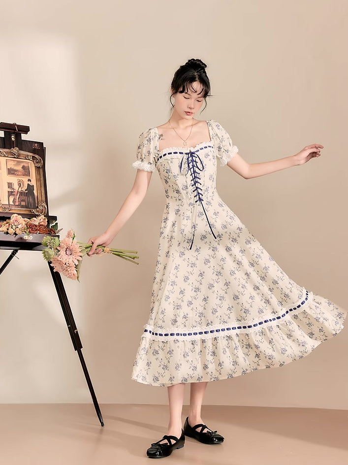 Porcelain Rose Lace Up Midi Dress (White/Blue)