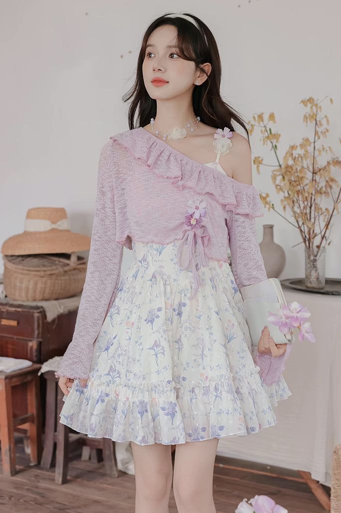 Sweet Floral Mini Dress (White/Purple)