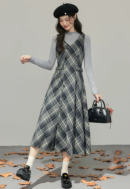 Midnight Plaid Pinafore Midi Dress (Grey)