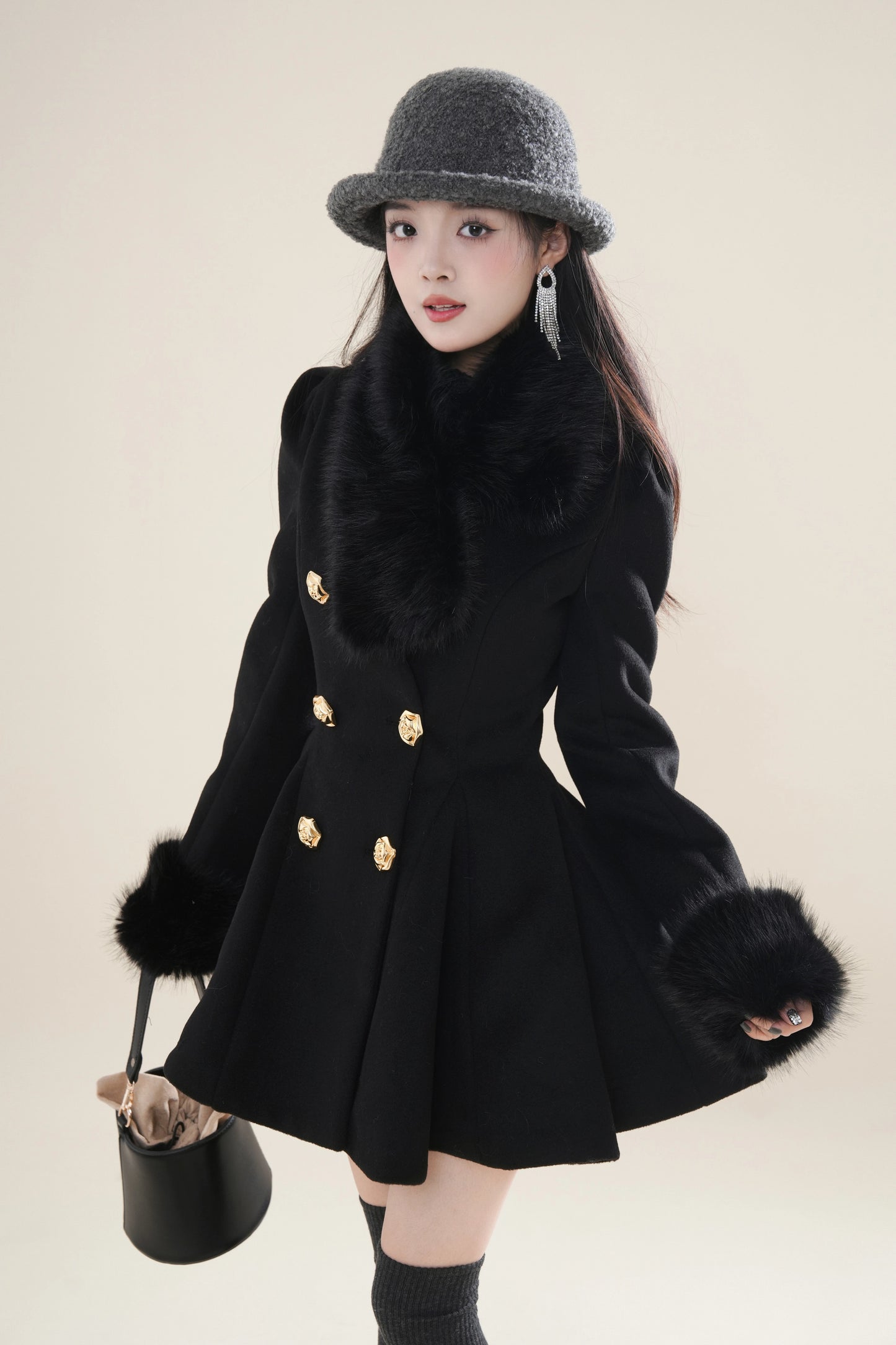 Fuzzy Mini Coat Dress (Black)