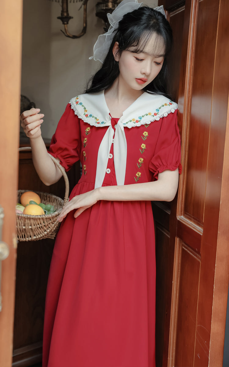 Floral Embroidered Sailor Midi Dress (Red)