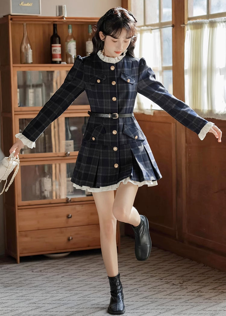 modest mini dress Academia Plaid Button Mini Dress (Navy) S