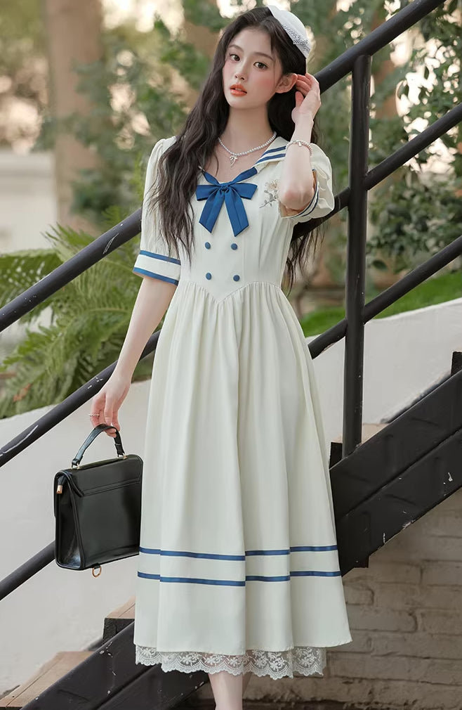 Sailor Girl Midi Dress (White/Blue)