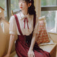 Short Sleeve Crepe Suspender Skirt Set (Maroon)