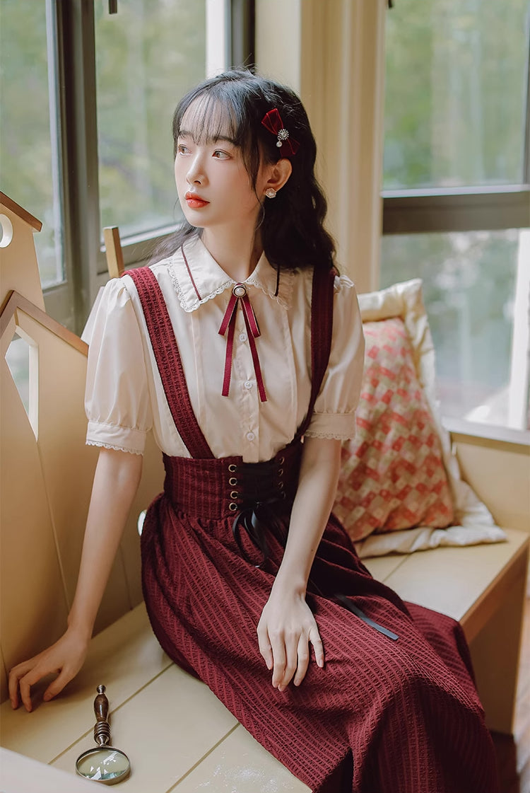 Short Sleeve Crepe Suspender Skirt Set (Maroon)