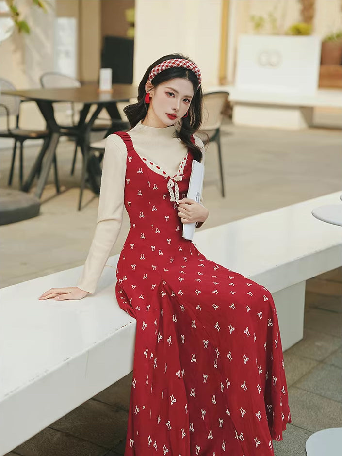 Lucky Bows Midi Dress (Red)