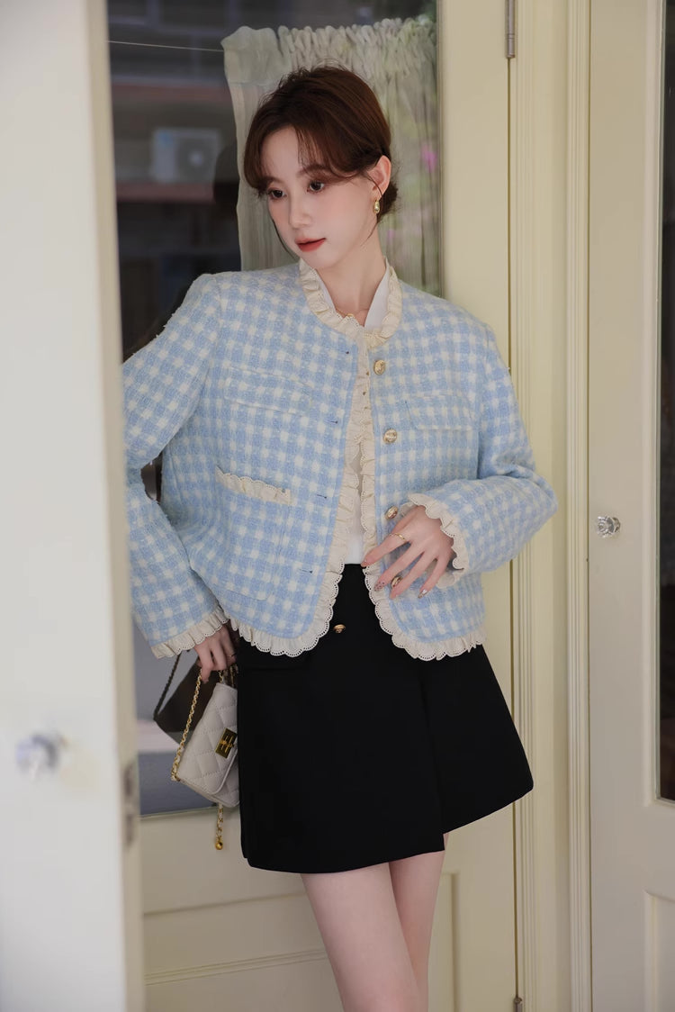 Gingham Lace Trim Tweed Jacket (Blue)