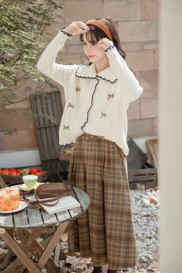 Rustic Plaid Midi Skirt (Khaki/Orange)