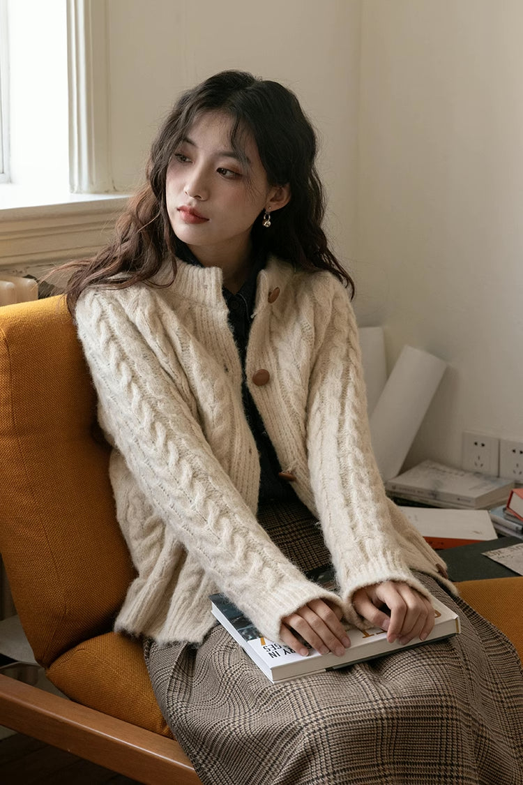 Braided Knit Round Neck Cardigan (Cream)