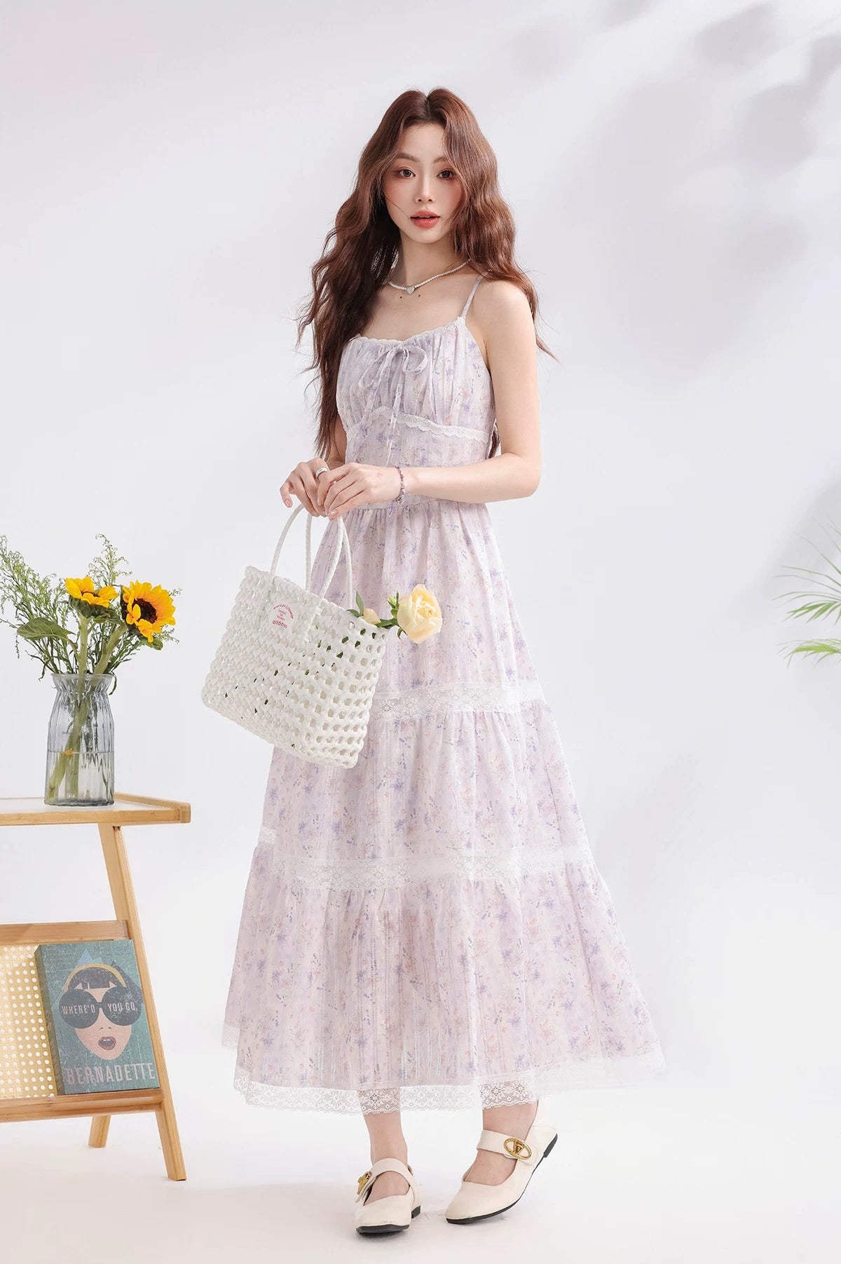 Iris Floral Lace Midi Cami Dress & Cardigan (Purple)