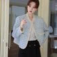 Gingham Lace Trim Tweed Jacket (Blue)