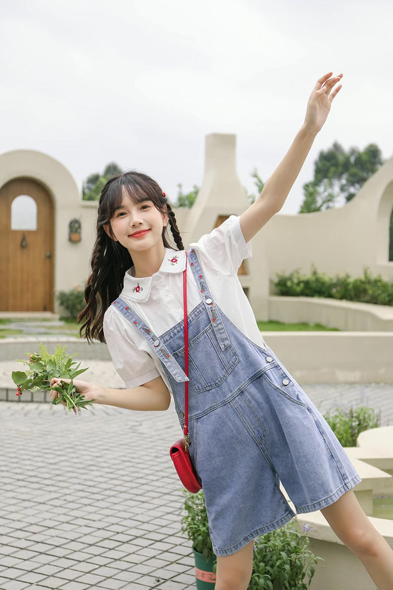 Rosy Days Embroidered Short Overalls (Light Denim)