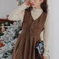 Fallen Leaves Plaid Pinafore Dress Set (Brown)