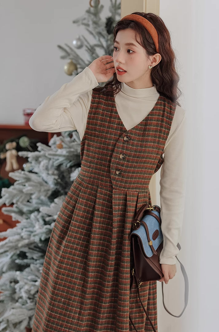 Fallen Leaves Plaid Pinafore Dress Set (Brown)