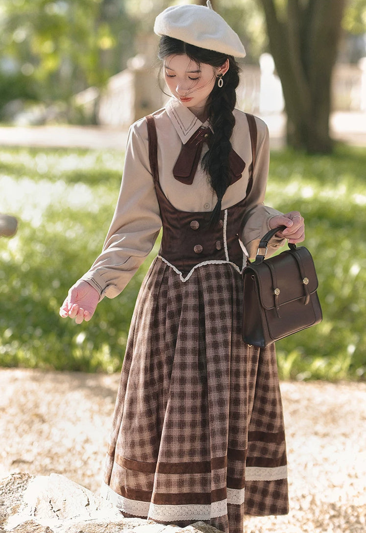 Mocca Plaid Suspender Skirt (Brown)
