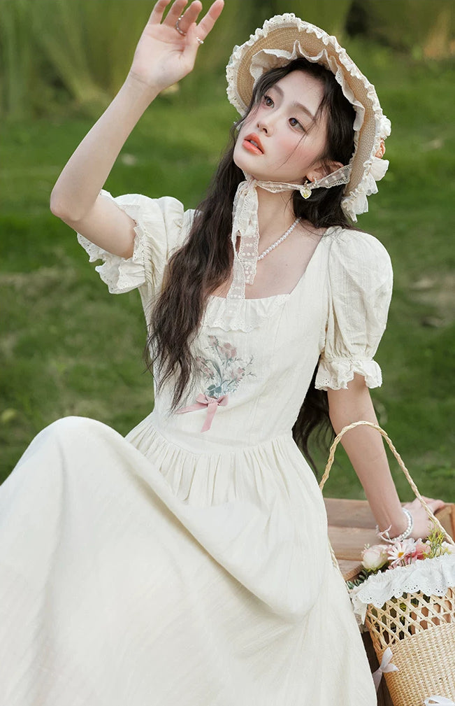 Cottage Flower Midi Dress (Cream)