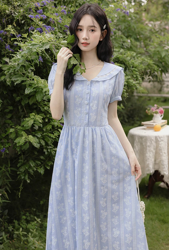 Floral Stripe Midi Dress (Blue)