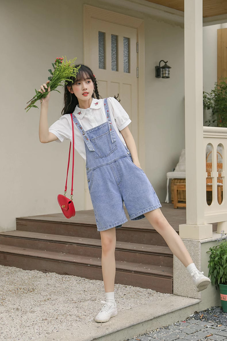 Rosy Days Embroidered Short Overalls (Light Denim)