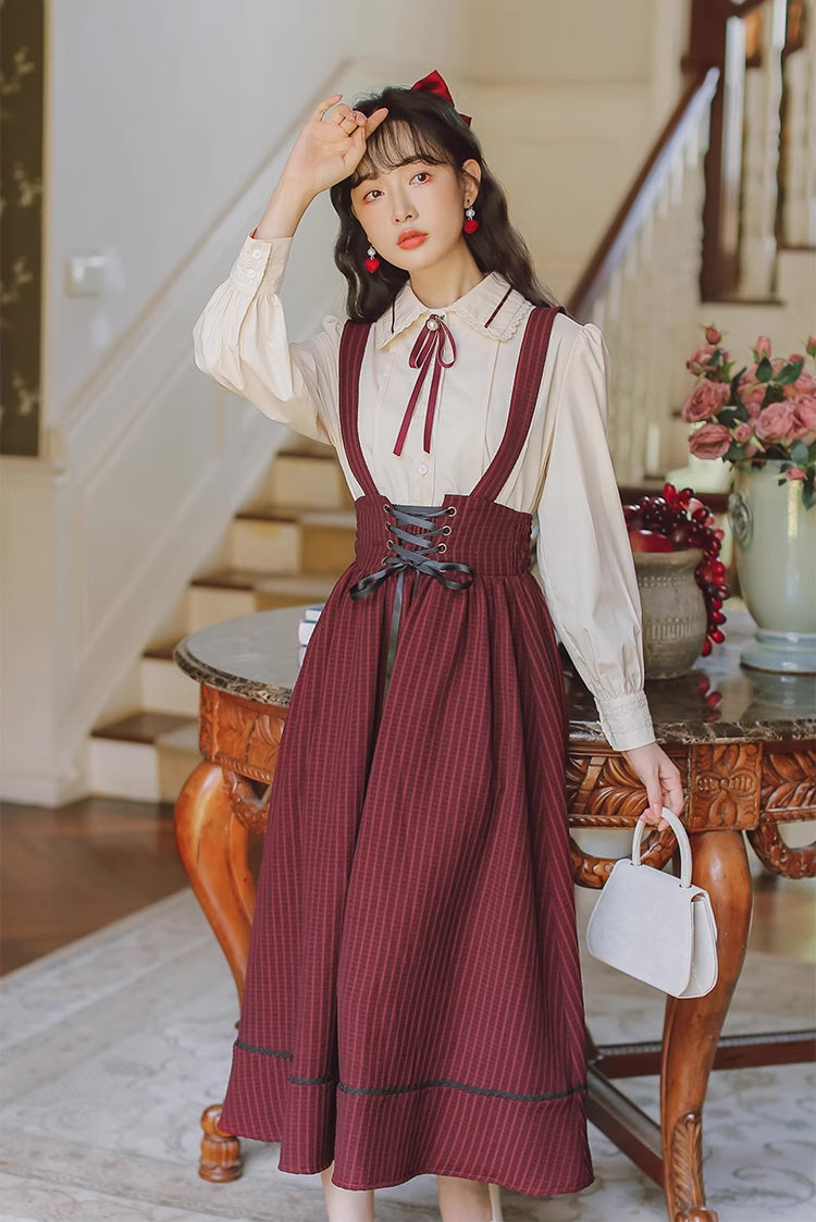 Long Sleeve Crepe Suspender Skirt Set (2 Colors)