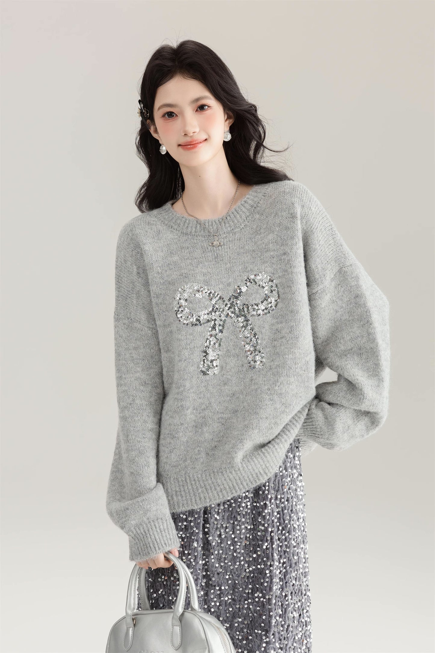 Sequin Bow Sweater (Grey)