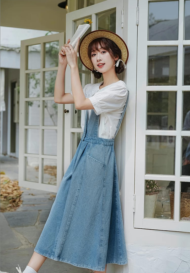 Button Denim Midi Pinafore Dress (Light Blue) – Megoosta Fashion