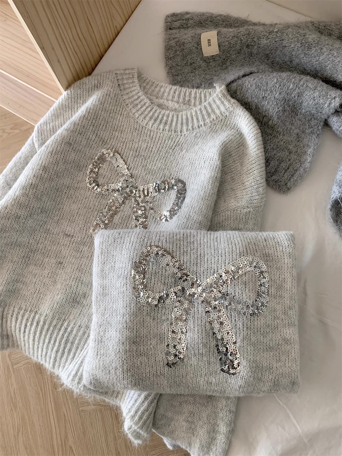 Sequin Bow Sweater (Grey)