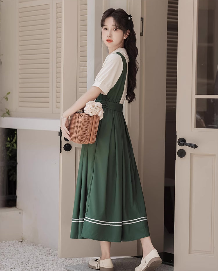 Lolita Short Sleeve Faux Layered Midi Dress (Green)