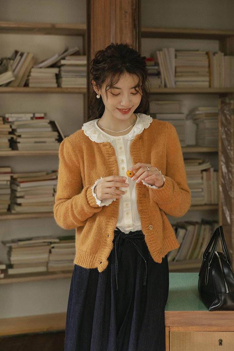 Round Neck Knitted Cardigan (Pumpkin Mustard)