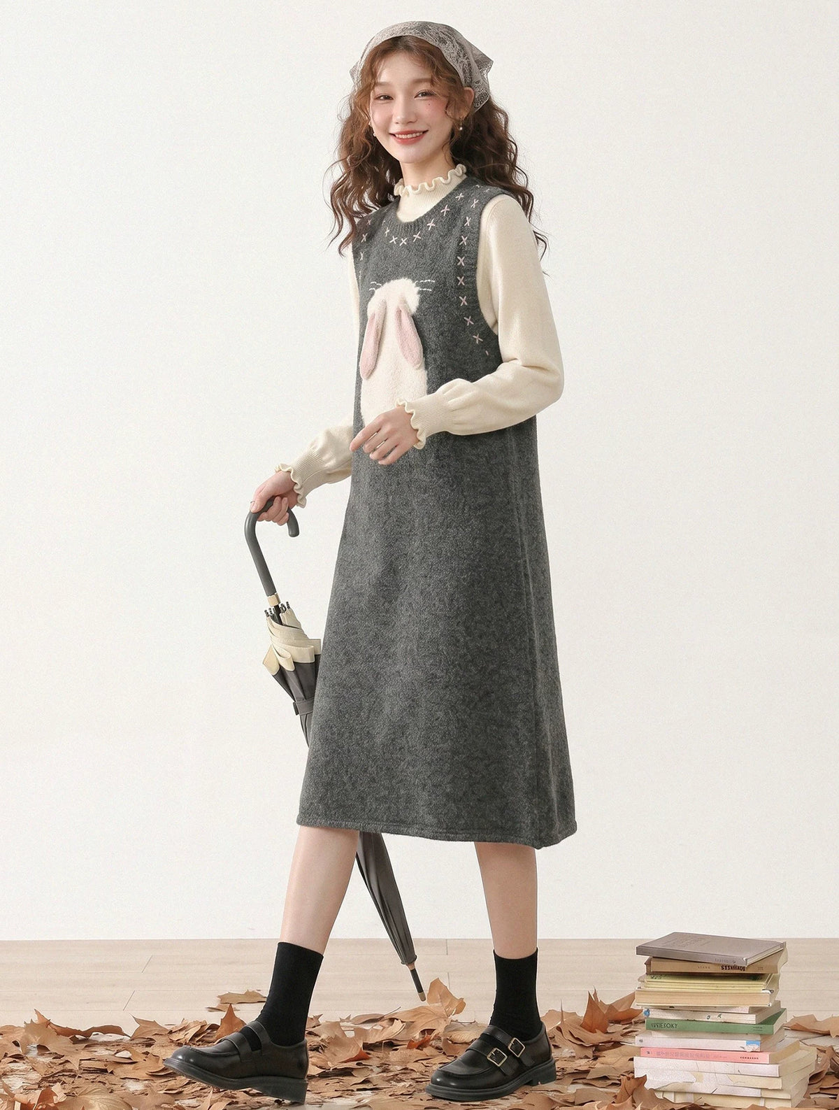 Bunny Tail Sleeveless Sweater Dress (Gray)