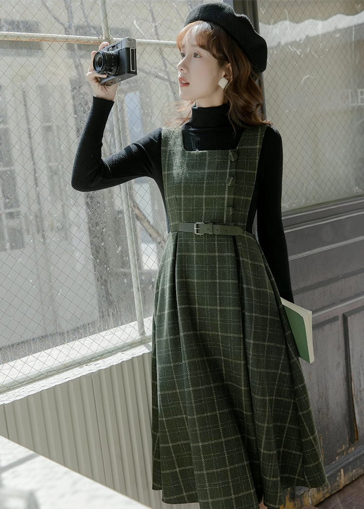 Belted Plaid Pinafore Dress (3 Colors)