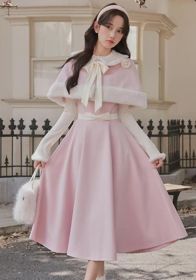 Cotton Candy Capelet & Midi Dress Set (Pink/White)